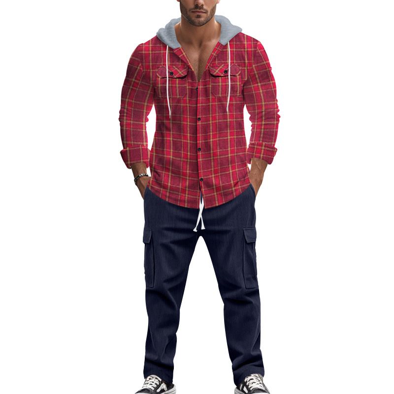 custom embroidered logo cotton oversized flannel plaid check hooded shirt for men Two-Piece Outfits