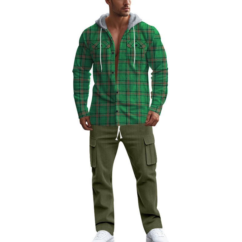 custom embroidered logo cotton oversized flannel plaid check hooded shirt for men Two-Piece Outfits