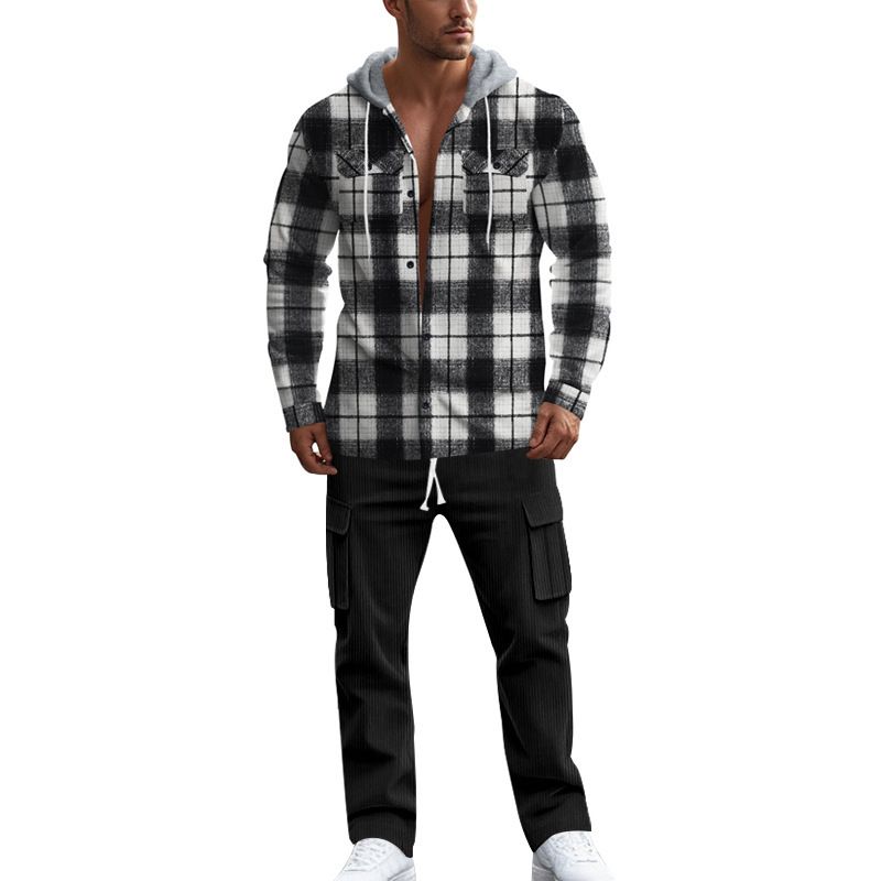 custom embroidered logo cotton oversized flannel plaid check hooded shirt for men Two-Piece Outfits