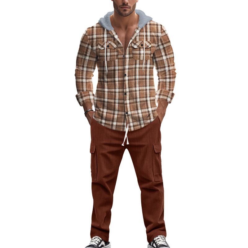 custom embroidered logo cotton oversized flannel plaid check hooded shirt for men Two-Piece Outfits