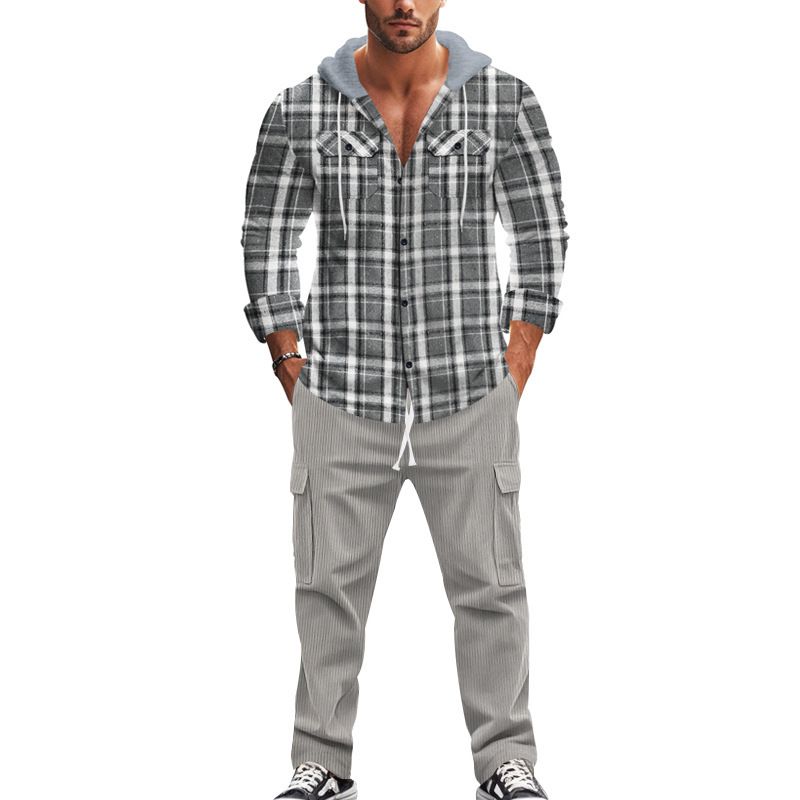 custom embroidered logo cotton oversized flannel plaid check hooded shirt for men Two-Piece Outfits