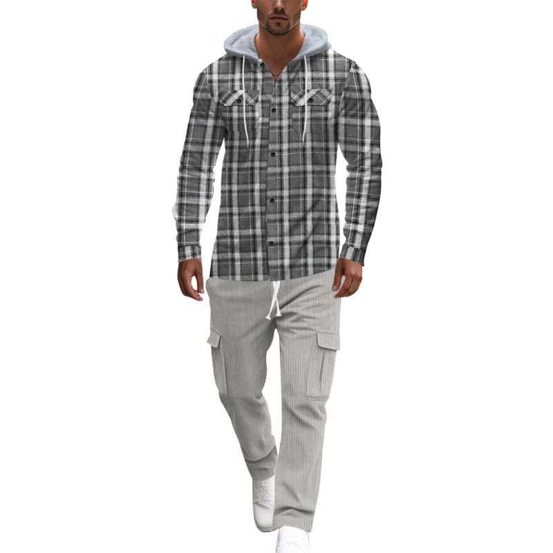custom embroidered logo cotton oversized flannel plaid check hooded shirt for men Two-Piece Outfits