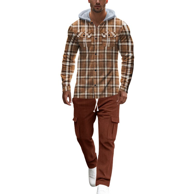 custom embroidered logo cotton oversized flannel plaid check hooded shirt for men Two-Piece Outfits