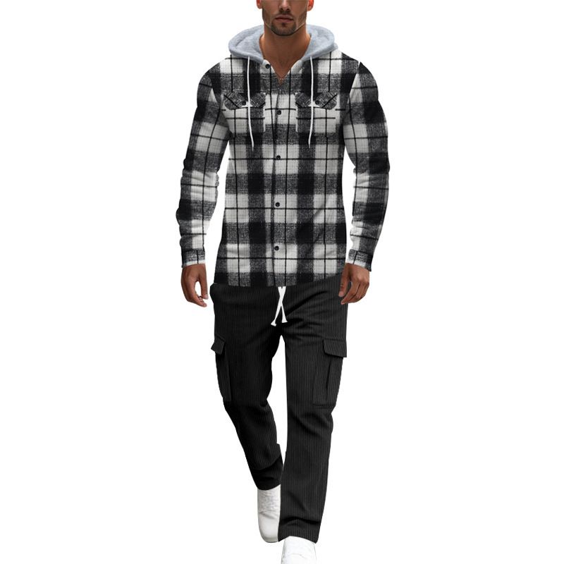 custom embroidered logo cotton oversized flannel plaid check hooded shirt for men Two-Piece Outfits