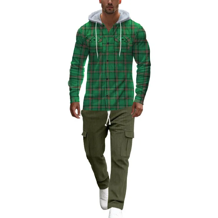 custom embroidered logo cotton oversized flannel plaid check hooded shirt for men Two-Piece Outfits