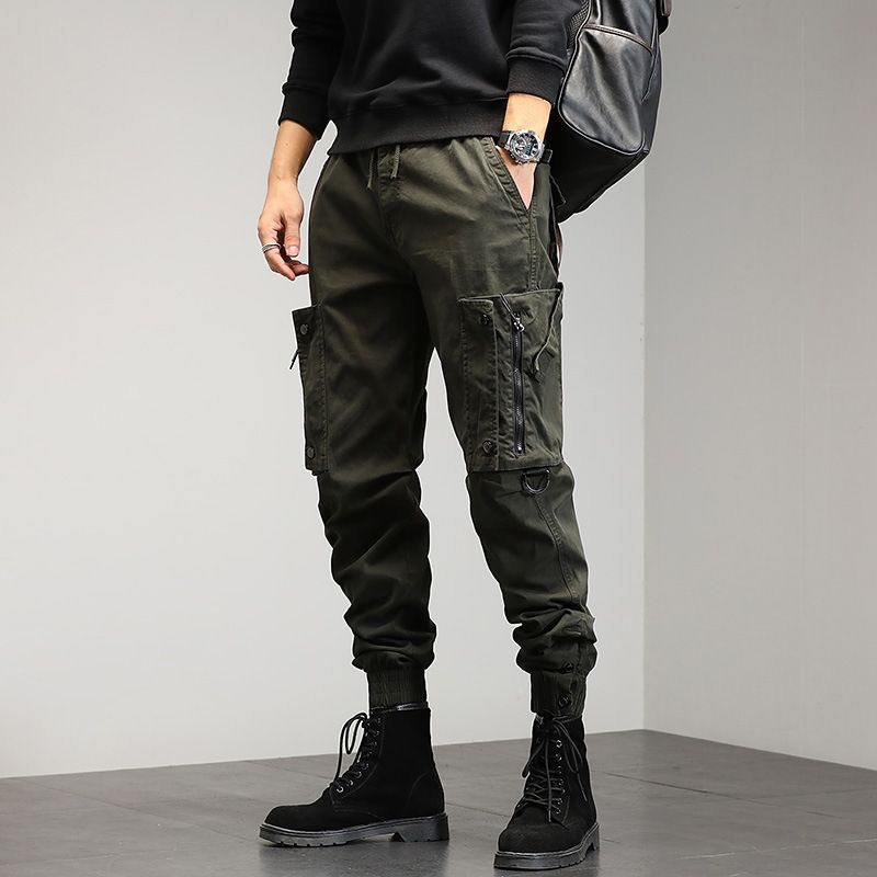 High quality multi pocket ankle tied hiking pants custom logo solid drawstring tactical cargo trousers for men  Jeans