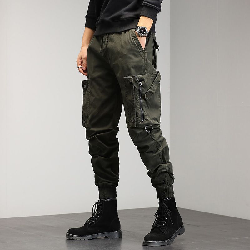 High quality multi pocket ankle tied hiking pants custom logo solid drawstring tactical cargo trousers for men  Jeans