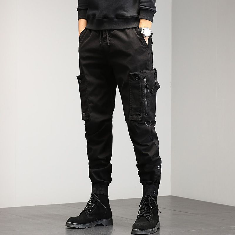 High quality multi pocket ankle tied hiking pants custom logo solid drawstring tactical cargo trousers for men  Jeans