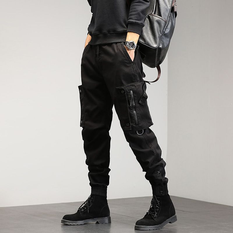 High quality multi pocket ankle tied hiking pants custom logo solid drawstring tactical cargo trousers for men  Jeans