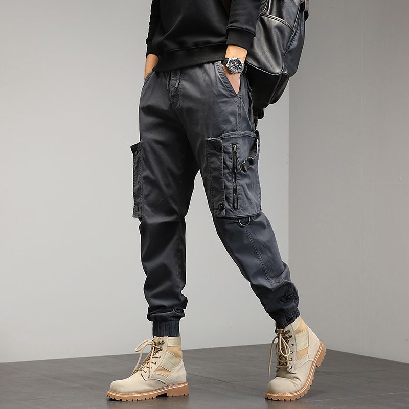 High quality multi pocket ankle tied hiking pants custom logo solid drawstring tactical cargo trousers for men  Jeans