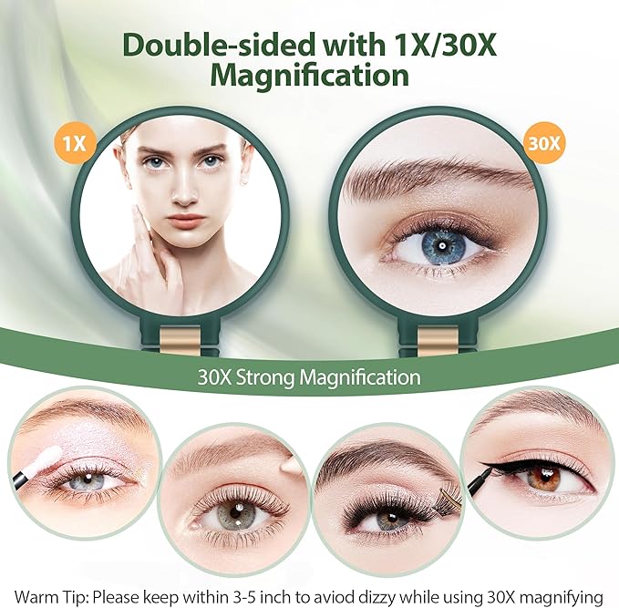 30x Magnifying Mirror, Travel Hand Mirrors with Handle - Double Side Handheld Mirror with 1X 30X Magnification & Adjustable Handle/Stand, Hand Held Foldable Travel Mirror for Makeup