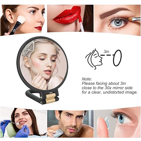 30x Magnifying Mirror, Travel Hand Mirrors with Handle - Double Side Handheld Mirror with 1X 30X Magnification & Adjustable Handle/Stand, Hand Held Foldable Travel Mirror for Makeup