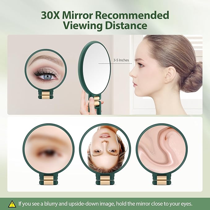 30x Magnifying Mirror, Travel Hand Mirrors with Handle - Double Side Handheld Mirror with 1X 30X Magnification & Adjustable Handle/Stand, Hand Held Foldable Travel Mirror for Makeup