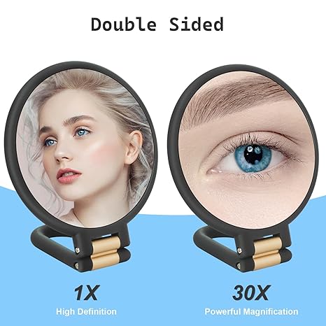 30x Magnifying Mirror, Travel Hand Mirrors with Handle - Double Side Handheld Mirror with 1X 30X Magnification & Adjustable Handle/Stand, Hand Held Foldable Travel Mirror for Makeup