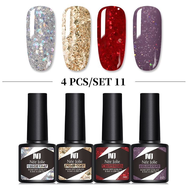 4PCS/SET 8.5 ML Reflective Glitter Gel Pink Sequins Gel Nail Polish Soak Off UV Nail Gel Semi-permanent Nail Art Decoration