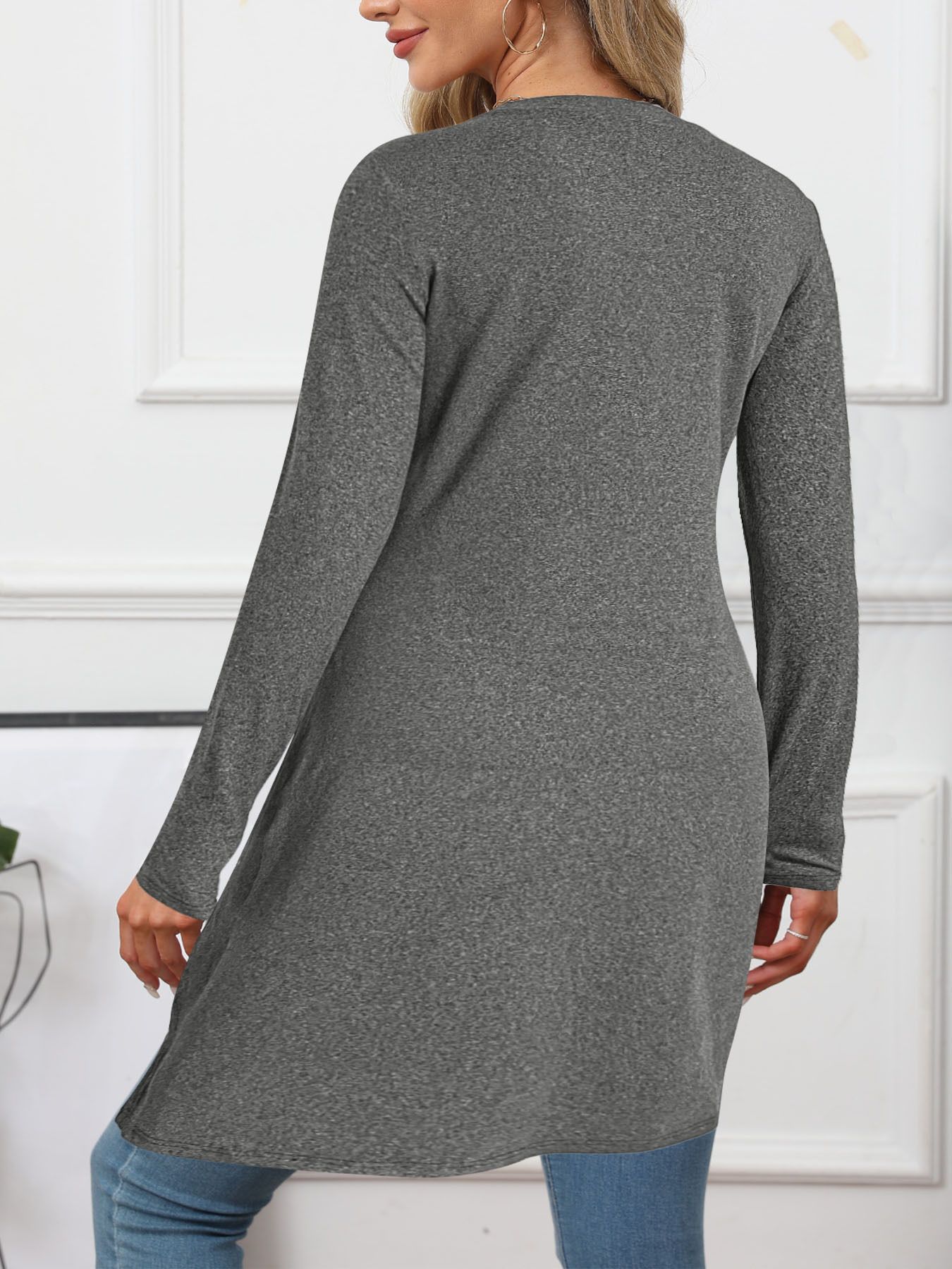 Women's High-End Basic Style T-Shirts Slim Fit Long Length Retro Artistic Design Sexy and Oversized Top for Ladies Long Sleeves Sexy Slit Round Neck Top