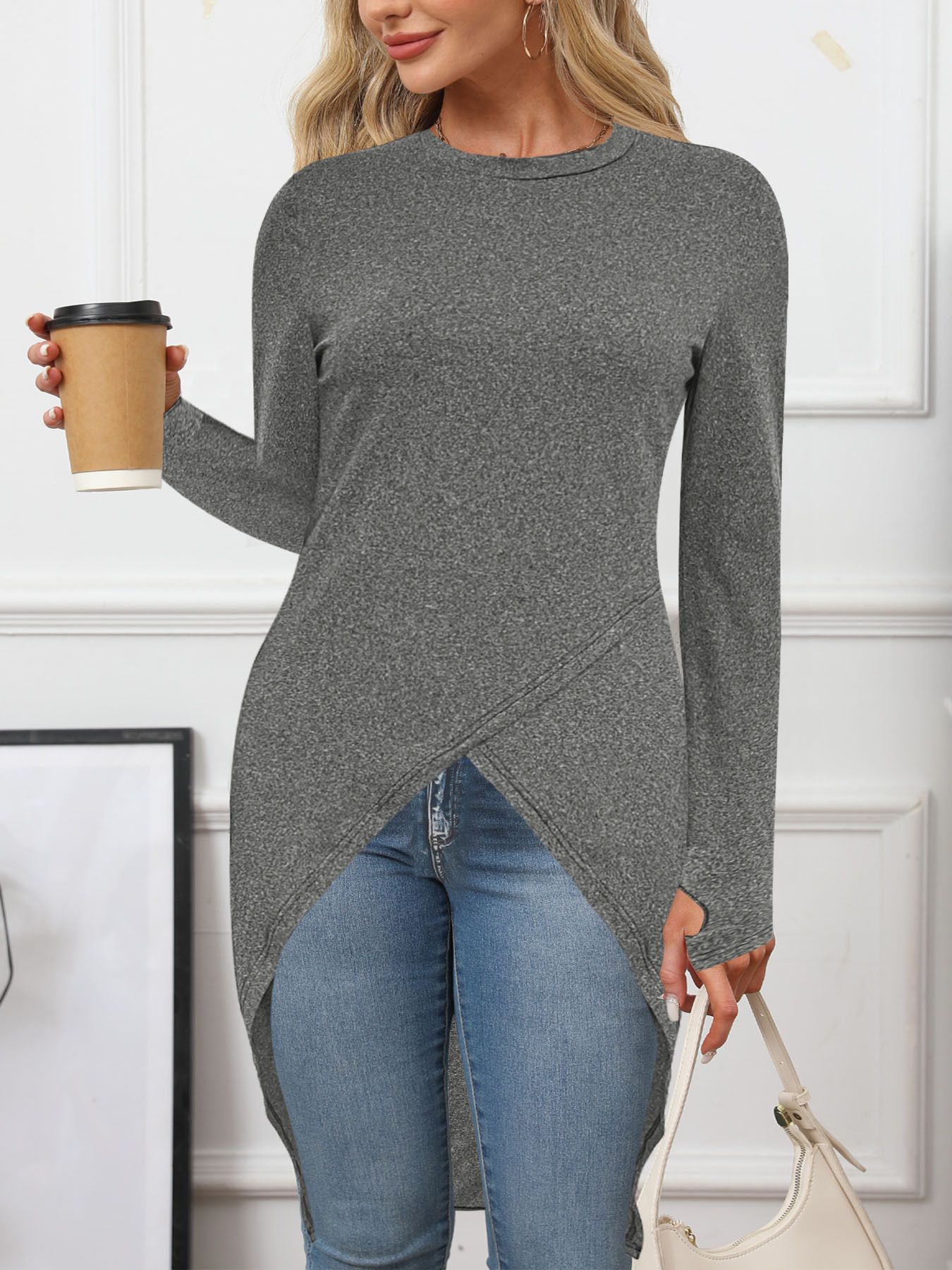 Women's High-End Basic Style T-Shirts Slim Fit Long Length Retro Artistic Design Sexy and Oversized Top for Ladies Long Sleeves Sexy Slit Round Neck Top