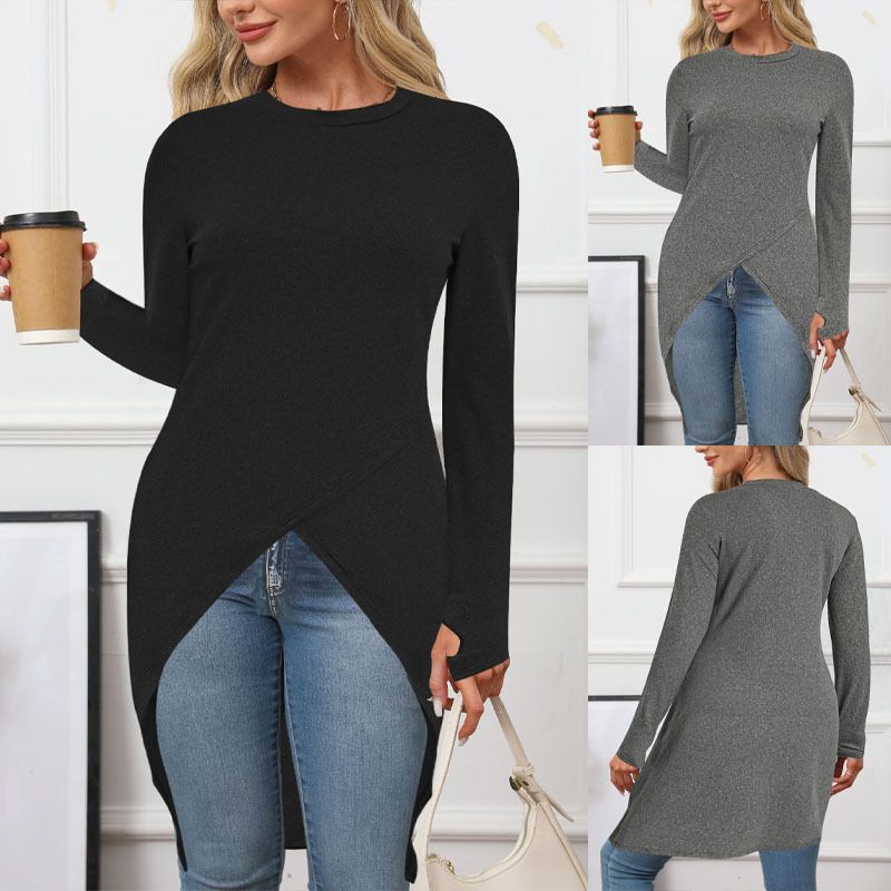 Women's High-End Basic Style T-Shirts Slim Fit Long Length Retro Artistic Design Sexy and Oversized Top for Ladies Long Sleeves Sexy Slit Round Neck Top