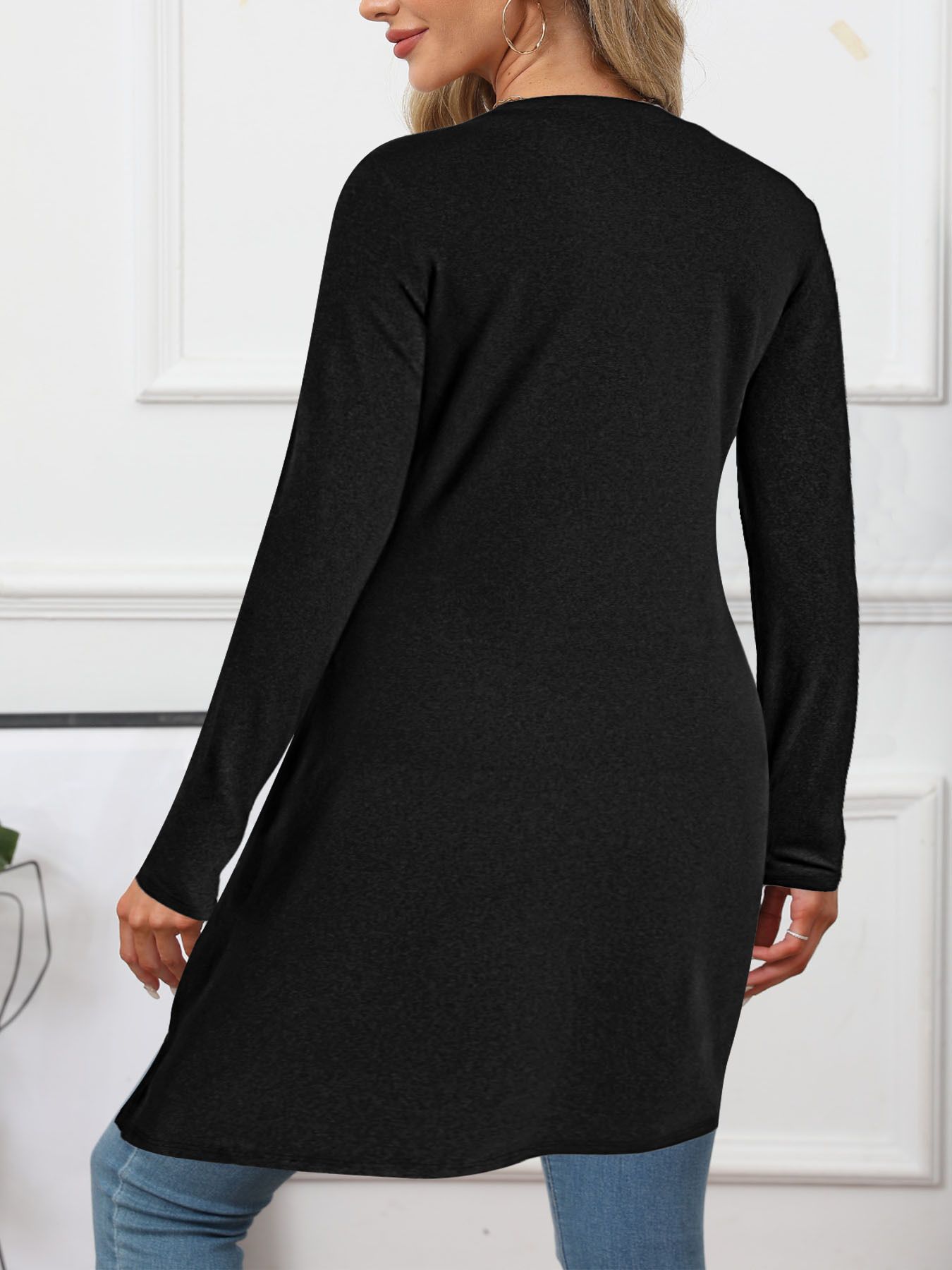 Women's High-End Basic Style T-Shirts Slim Fit Long Length Retro Artistic Design Sexy and Oversized Top for Ladies Long Sleeves Sexy Slit Round Neck Top