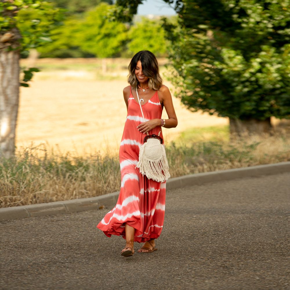 Plus Size Women Summer Beach Wear Casual Sundress V-Neck Slips Girls Vest Dresses Long Loose Printed Maxi Dress Women's Wear Rayon Tie Dye Bohemian Long Maxi Dress