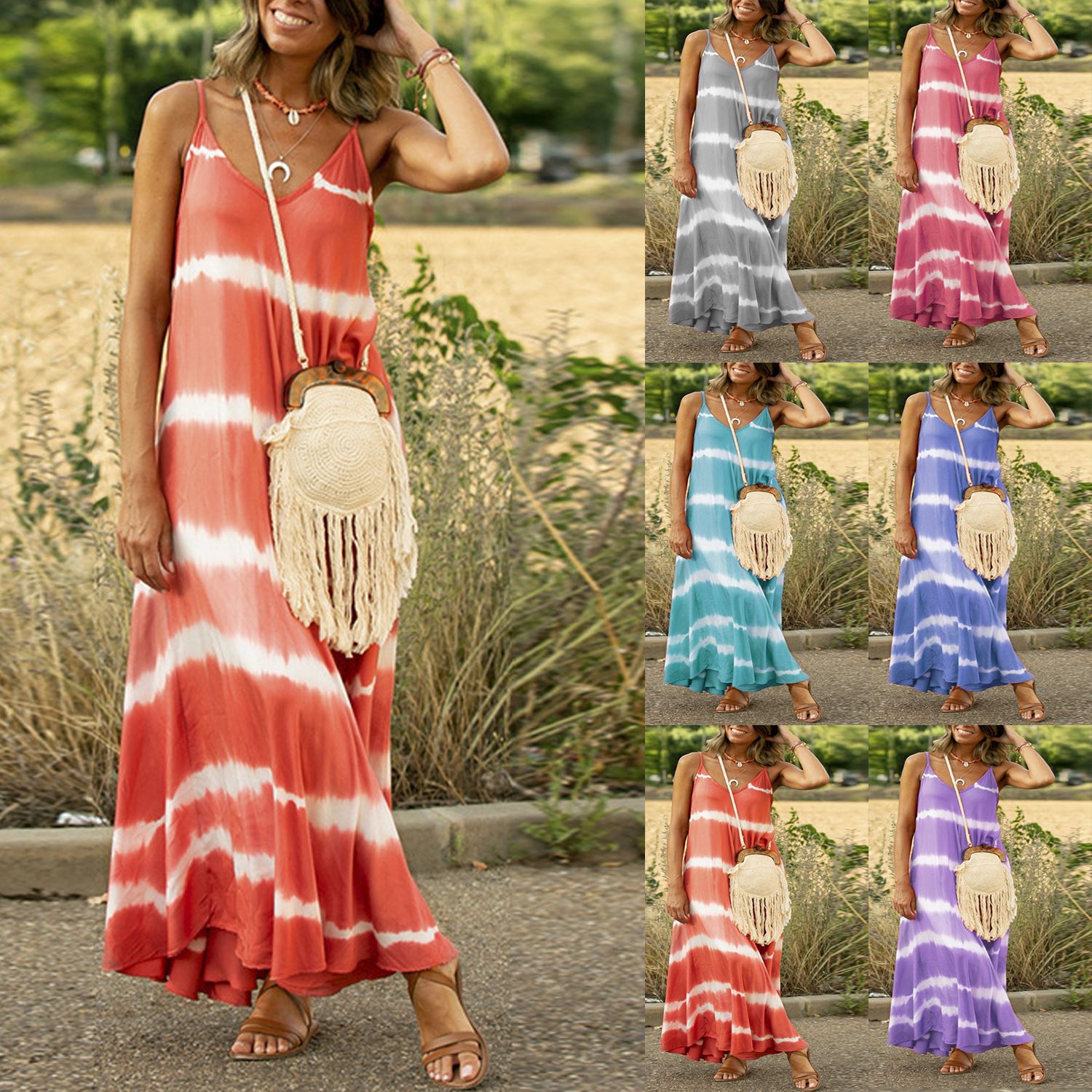 Plus Size Women Summer Beach Wear Casual Sundress V-Neck Slips Girls Vest Dresses Long Loose Printed Maxi Dress Women's Wear Rayon Tie Dye Bohemian Long Maxi Dress