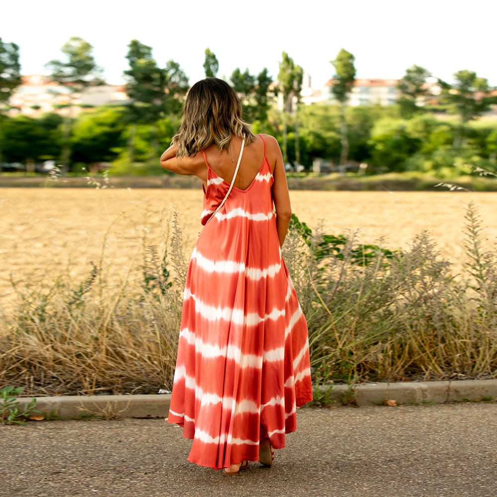 Plus Size Women Summer Beach Wear Casual Sundress V-Neck Slips Girls Vest Dresses Long Loose Printed Maxi Dress Women's Wear Rayon Tie Dye Bohemian Long Maxi Dress