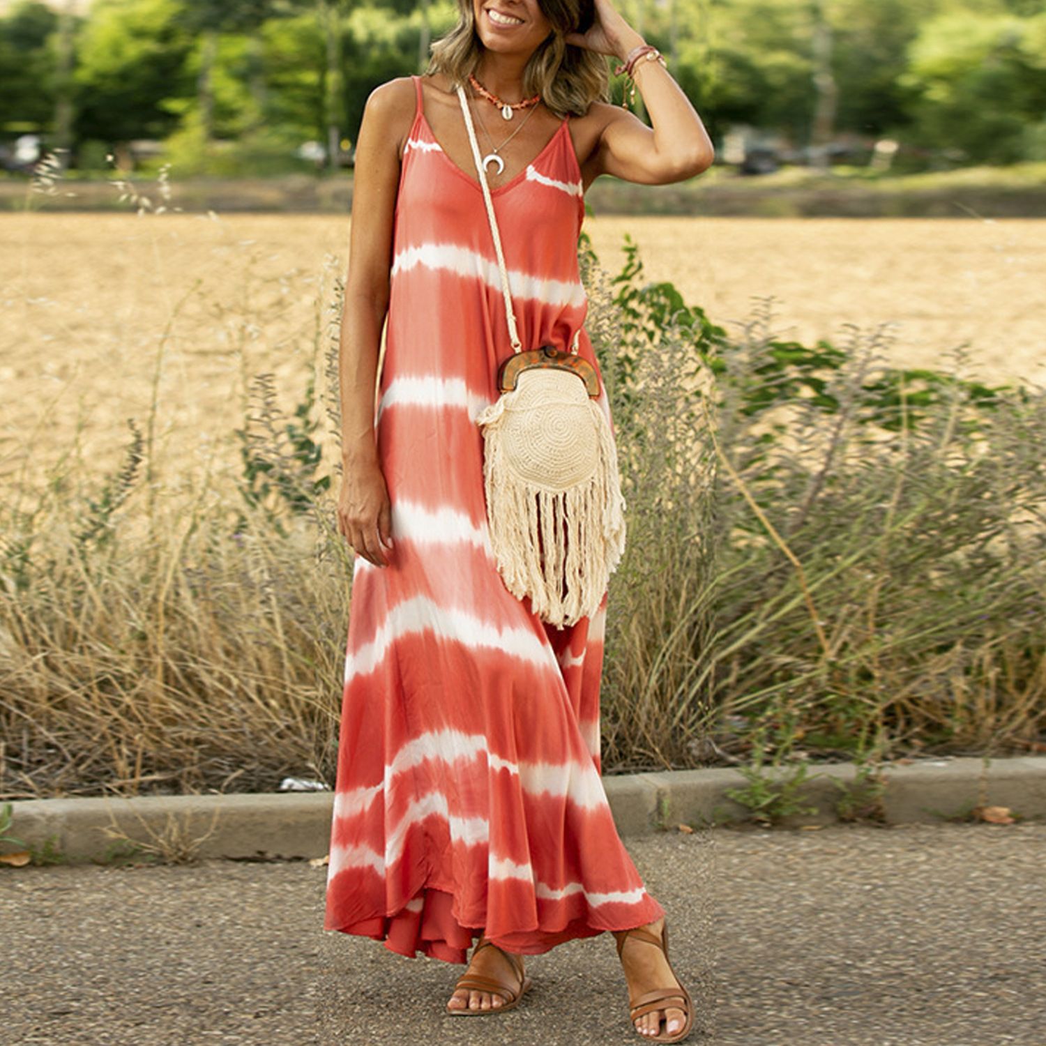 Plus Size Women Summer Beach Wear Casual Sundress V-Neck Slips Girls Vest Dresses Long Loose Printed Maxi Dress Women's Wear Rayon Tie Dye Bohemian Long Maxi Dress