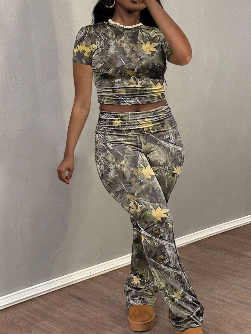 Women's Clothing Short Sleeve and Flare Pants Activewear Two Piece Set Crop Top Shirt Full Printing Women Fashion Outfit