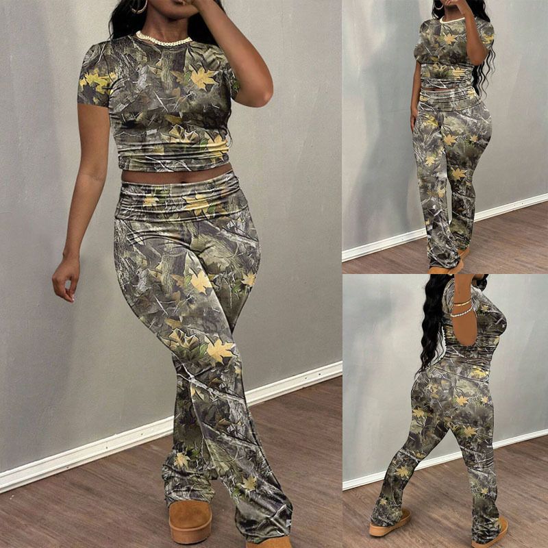 Women's Clothing Short Sleeve and Flare Pants Activewear Two Piece Set Crop Top Shirt Full Printing Women Fashion Outfit