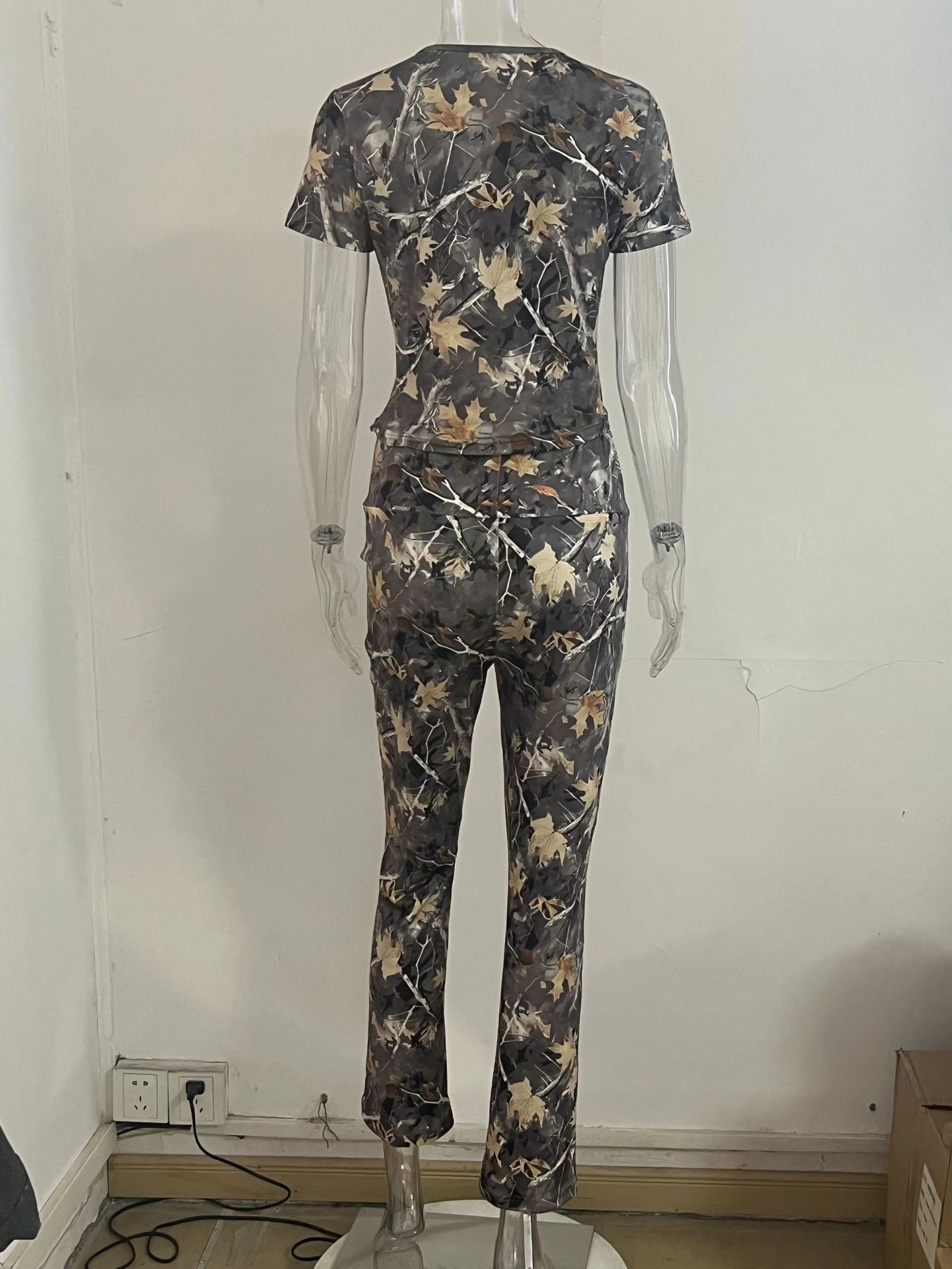 Women's Clothing Short Sleeve and Flare Pants Activewear Two Piece Set Crop Top Shirt Full Printing Women Fashion Outfit