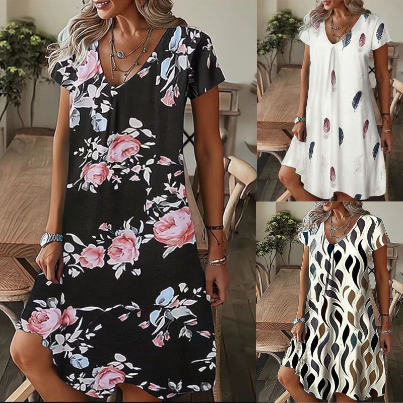 Women's Newest Leisure Style V-Neck Dress Long Knee Floral Printed Full Digital Loose Fit Short Sleeved Woven Floral Dress Sexy Summer Party Dress