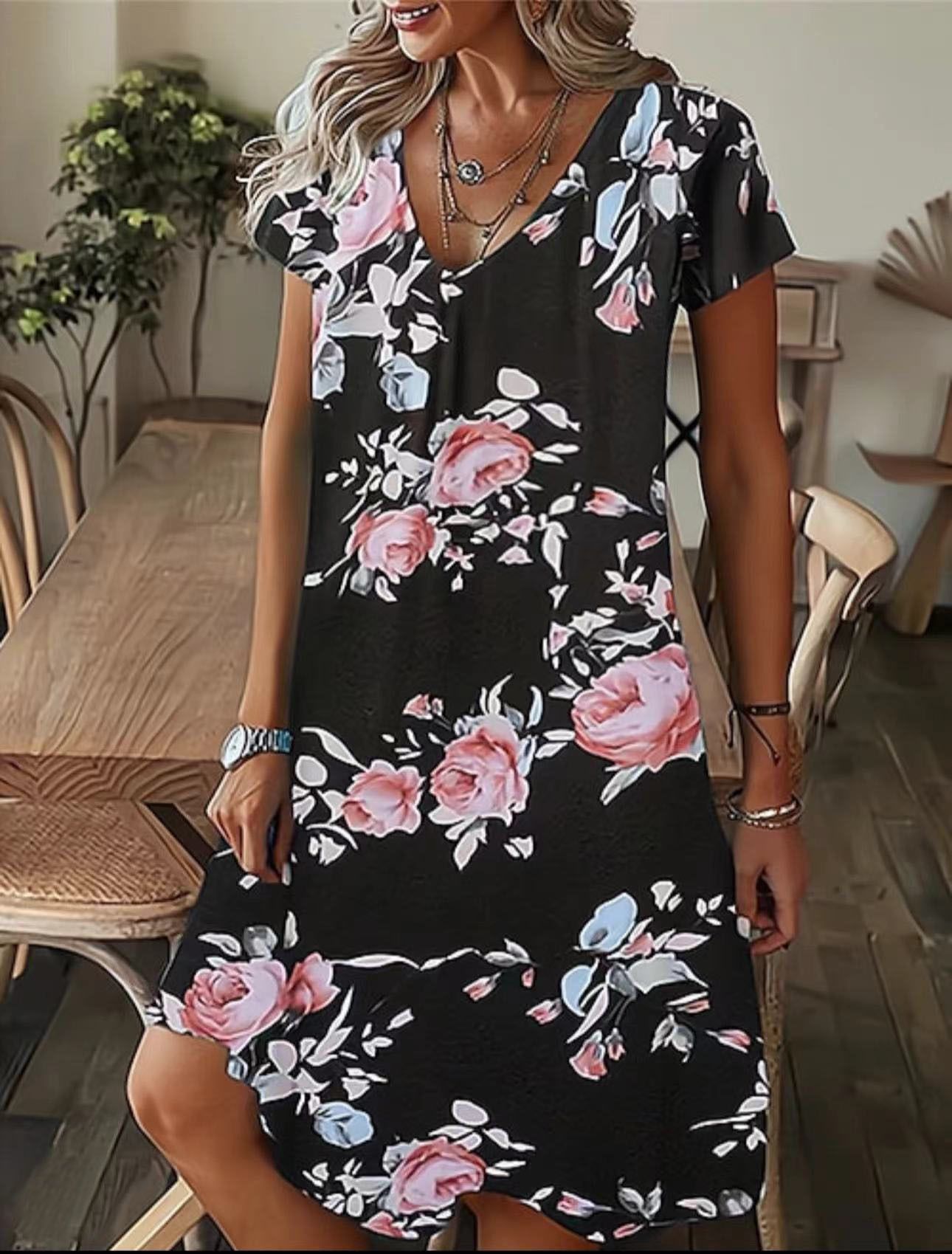 Women's Newest Leisure Style V-Neck Dress Long Knee Floral Printed Full Digital Loose Fit Short Sleeved Woven Floral Dress Sexy Summer Party Dress