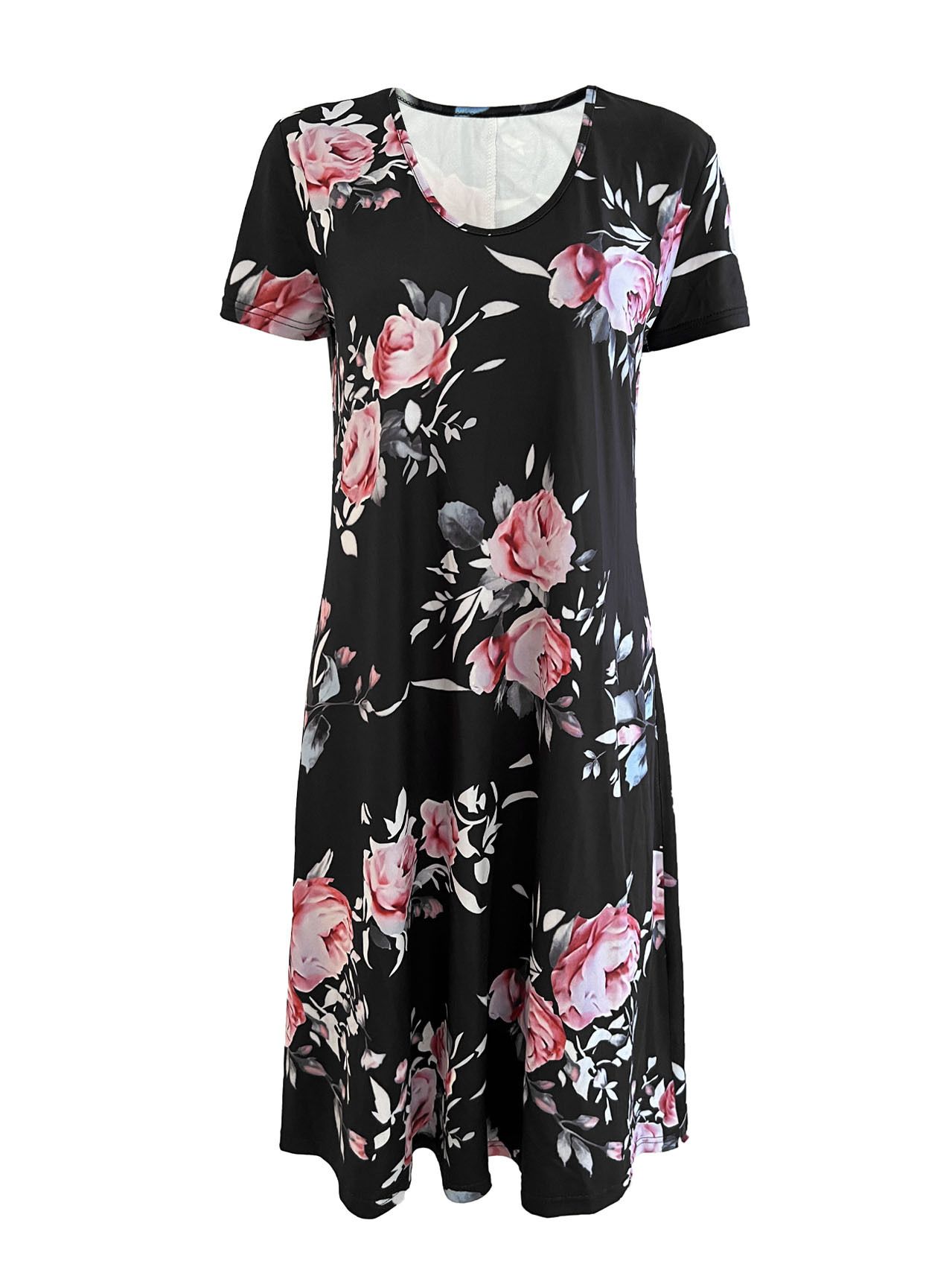 Women's Newest Leisure Style V-Neck Dress Long Knee Floral Printed Full Digital Loose Fit Short Sleeved Woven Floral Dress Sexy Summer Party Dress