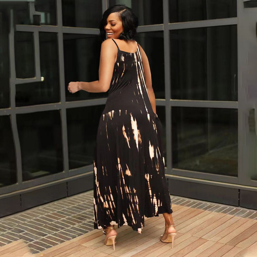 Summer New Fashion Casual Open Fork Sling Printed Long Loose Plus Size Maxi Women Dress Casual Dress Print Plus Size Loose Sling Long Maxi Dress Women