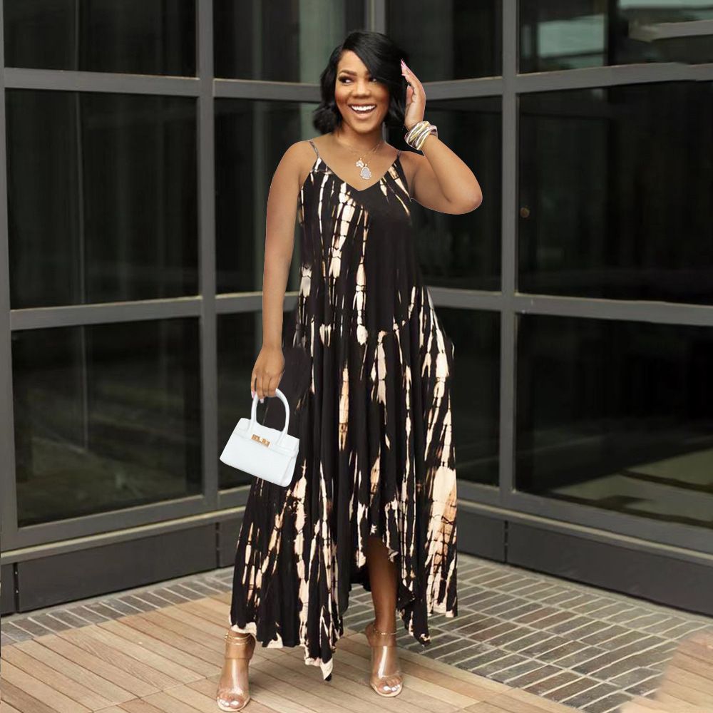 Summer New Fashion Casual Open Fork Sling Printed Long Loose Plus Size Maxi Women Dress Casual Dress Print Plus Size Loose Sling Long Maxi Dress Women