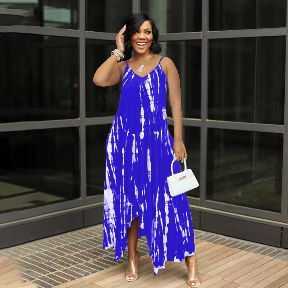 Summer New Fashion Casual Open Fork Sling Printed Long Loose Plus Size Maxi Women Dress Casual Dress Print Plus Size Loose Sling Long Maxi Dress Women