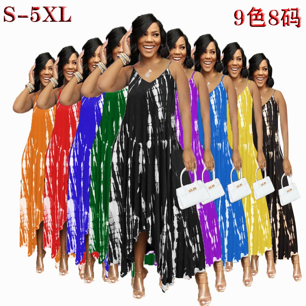 Summer New Fashion Casual Open Fork Sling Printed Long Loose Plus Size Maxi Women Dress Casual Dress Print Plus Size Loose Sling Long Maxi Dress Women