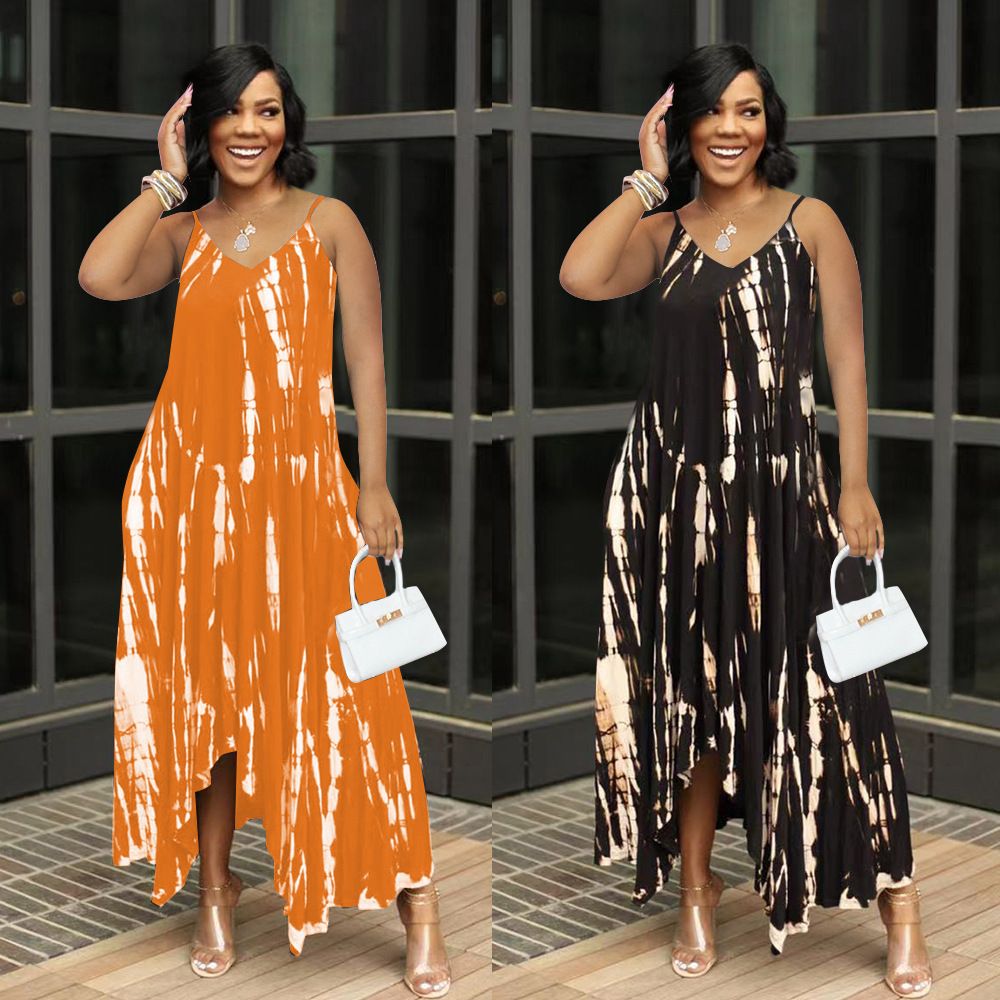 Summer New Fashion Casual Open Fork Sling Printed Long Loose Plus Size Maxi Women Dress Casual Dress Print Plus Size Loose Sling Long Maxi Dress Women