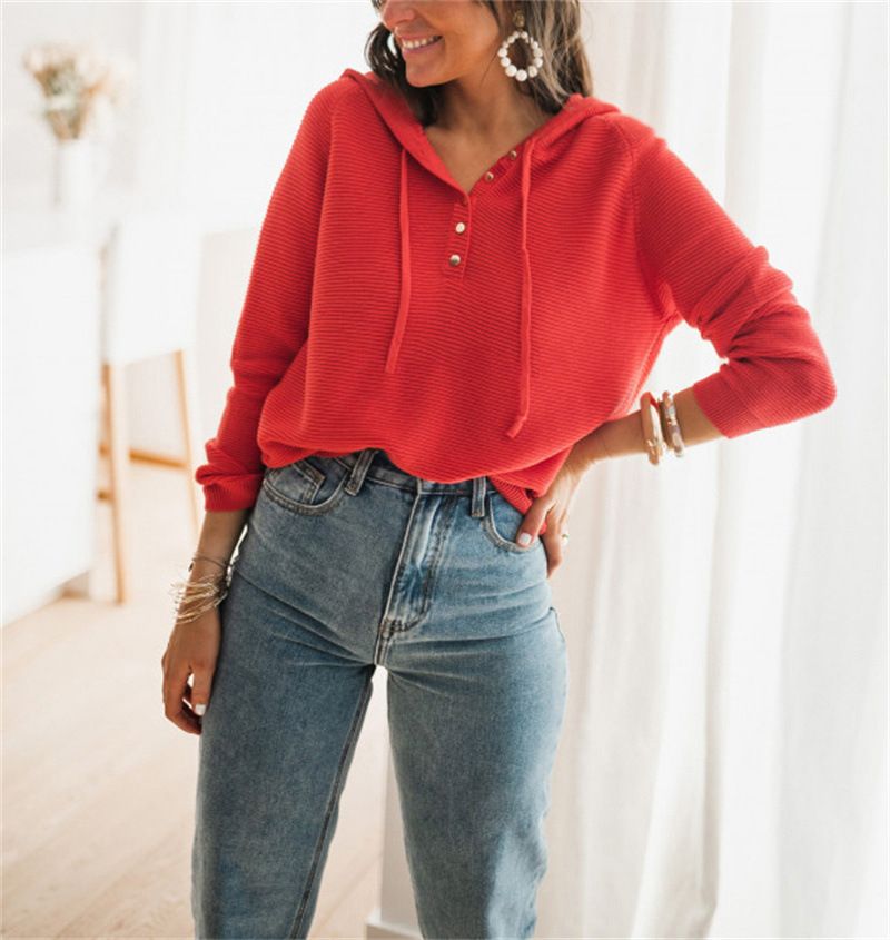 Women's Loose Knitted Pullover Striped Casual Sweater with Hood for Spring and Autumn Women's Long Sleeve Solid Pullover Hoodie New Street Style Top in Plain Dyed Sweatshirt Clothing for Adults