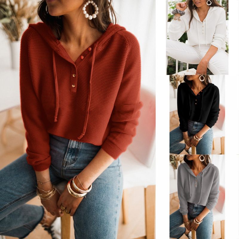 Women's Loose Knitted Pullover Striped Casual Sweater with Hood for Spring and Autumn Women's Long Sleeve Solid Pullover Hoodie New Street Style Top in Plain Dyed Sweatshirt Clothing for Adults