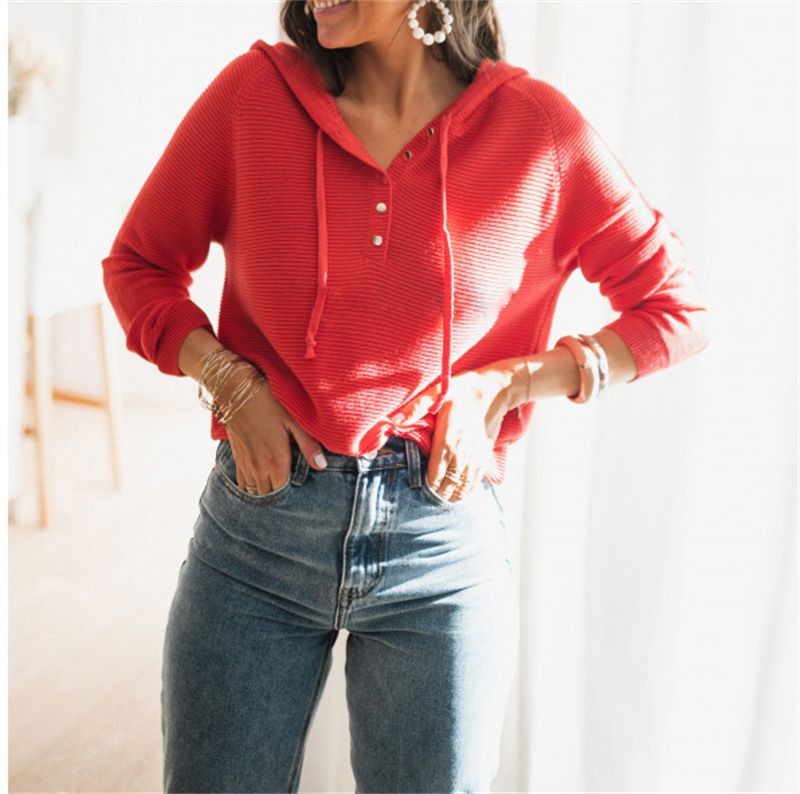 Women's Loose Knitted Pullover Striped Casual Sweater with Hood for Spring and Autumn Women's Long Sleeve Solid Pullover Hoodie New Street Style Top in Plain Dyed Sweatshirt Clothing for Adults