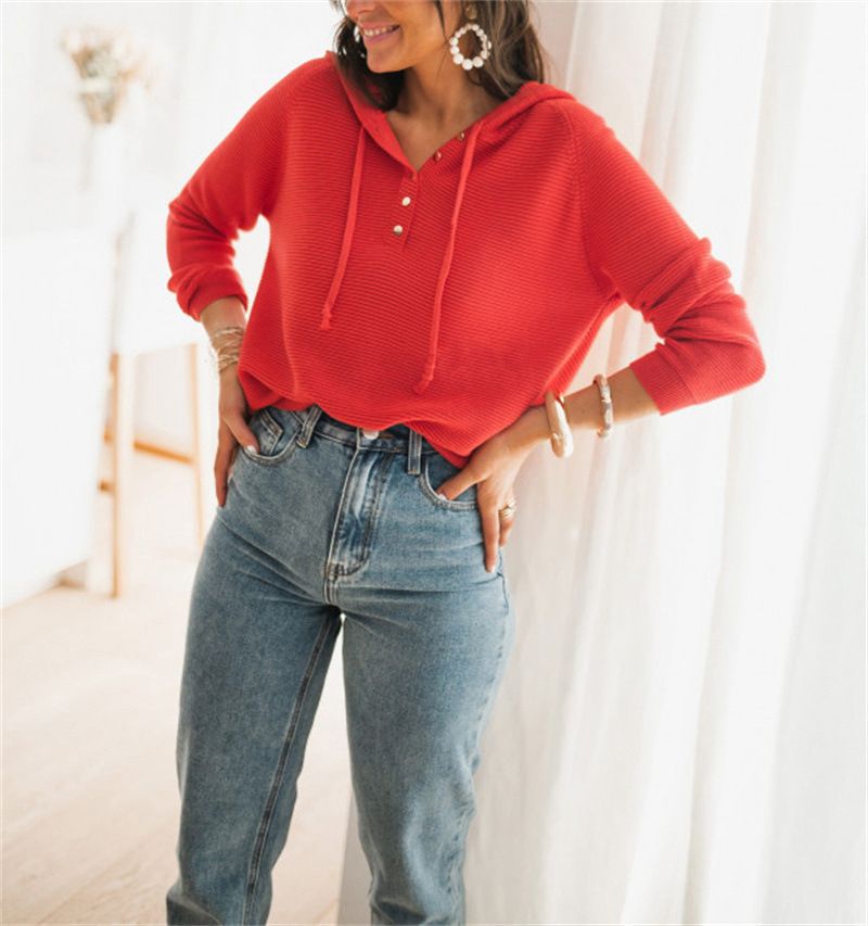 Women's Loose Knitted Pullover Striped Casual Sweater with Hood for Spring and Autumn Women's Long Sleeve Solid Pullover Hoodie New Street Style Top in Plain Dyed Sweatshirt Clothing for Adults