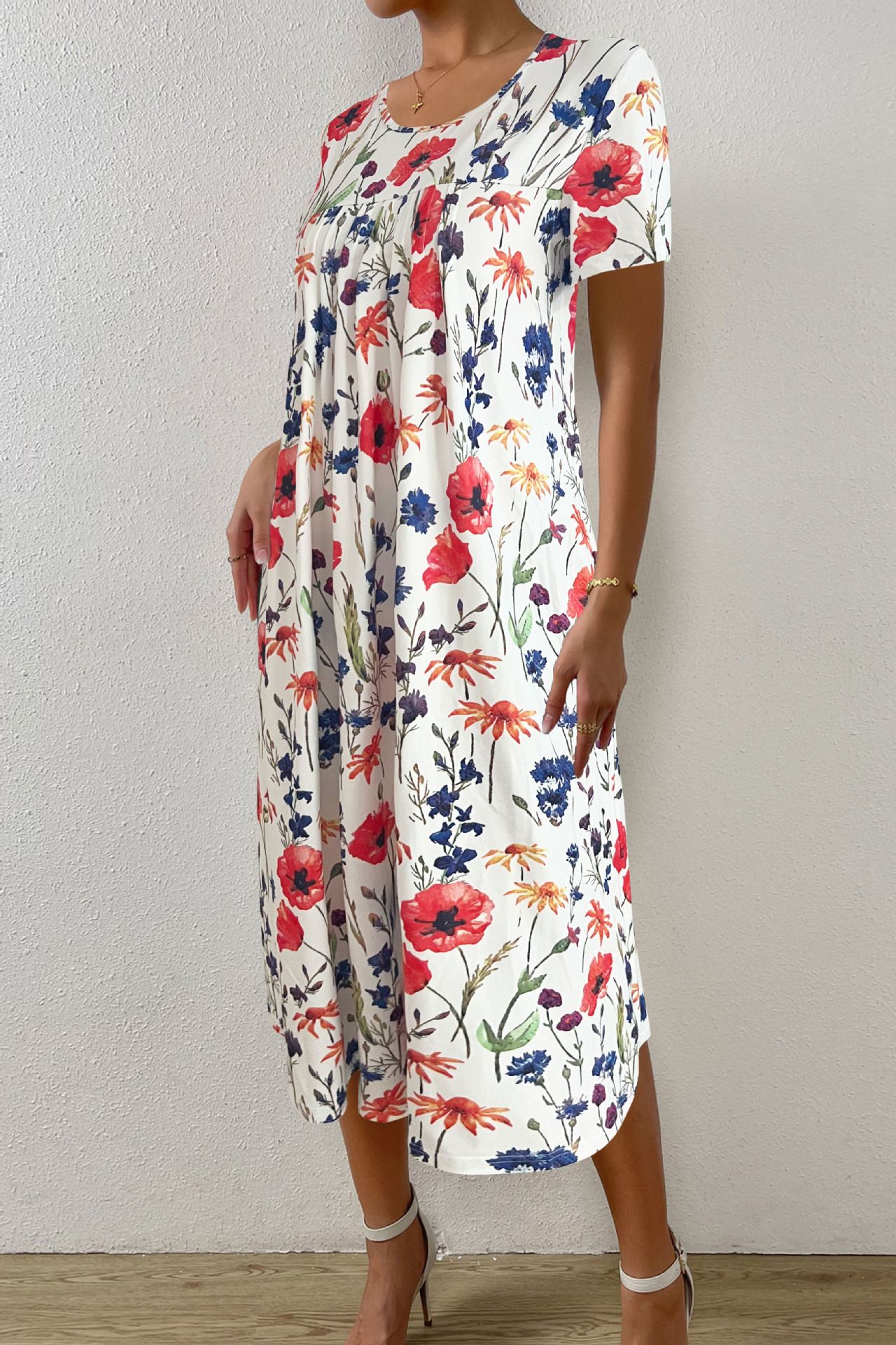 Plus Size Women's Elegant Big Swing Abaya Dress Spring Summer Short-Sleeved With Printed Neck for Women Short Sleeve Floral Printed Midi Dress