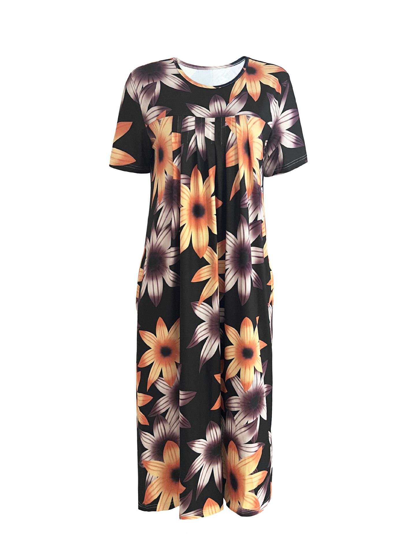 Plus Size Women's Elegant Big Swing Abaya Dress Spring Summer Short-Sleeved With Printed Neck for Women Short Sleeve Floral Printed Midi Dress