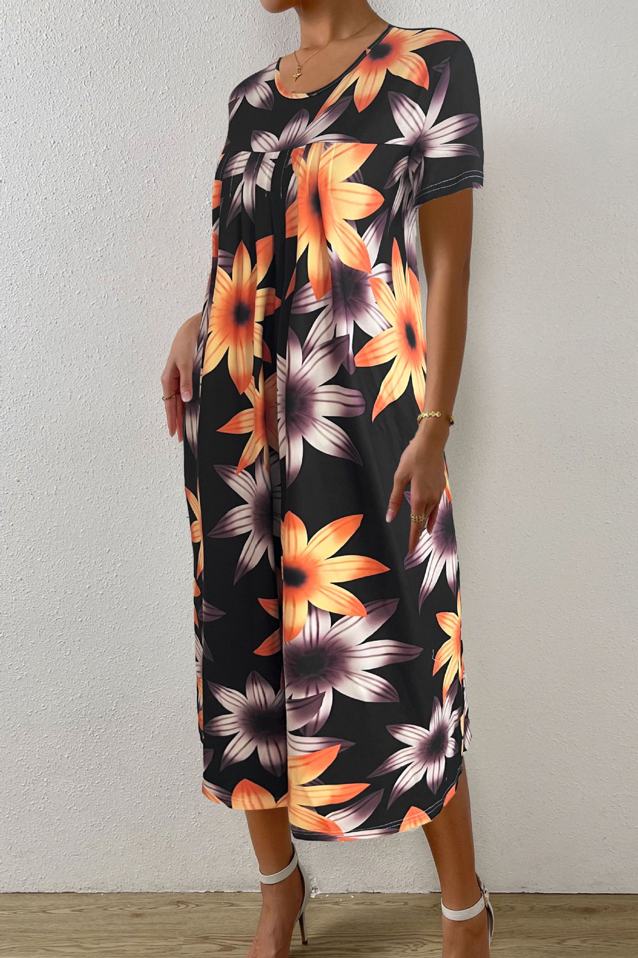 Plus Size Women's Elegant Big Swing Abaya Dress Spring Summer Short-Sleeved With Printed Neck for Women Short Sleeve Floral Printed Midi Dress