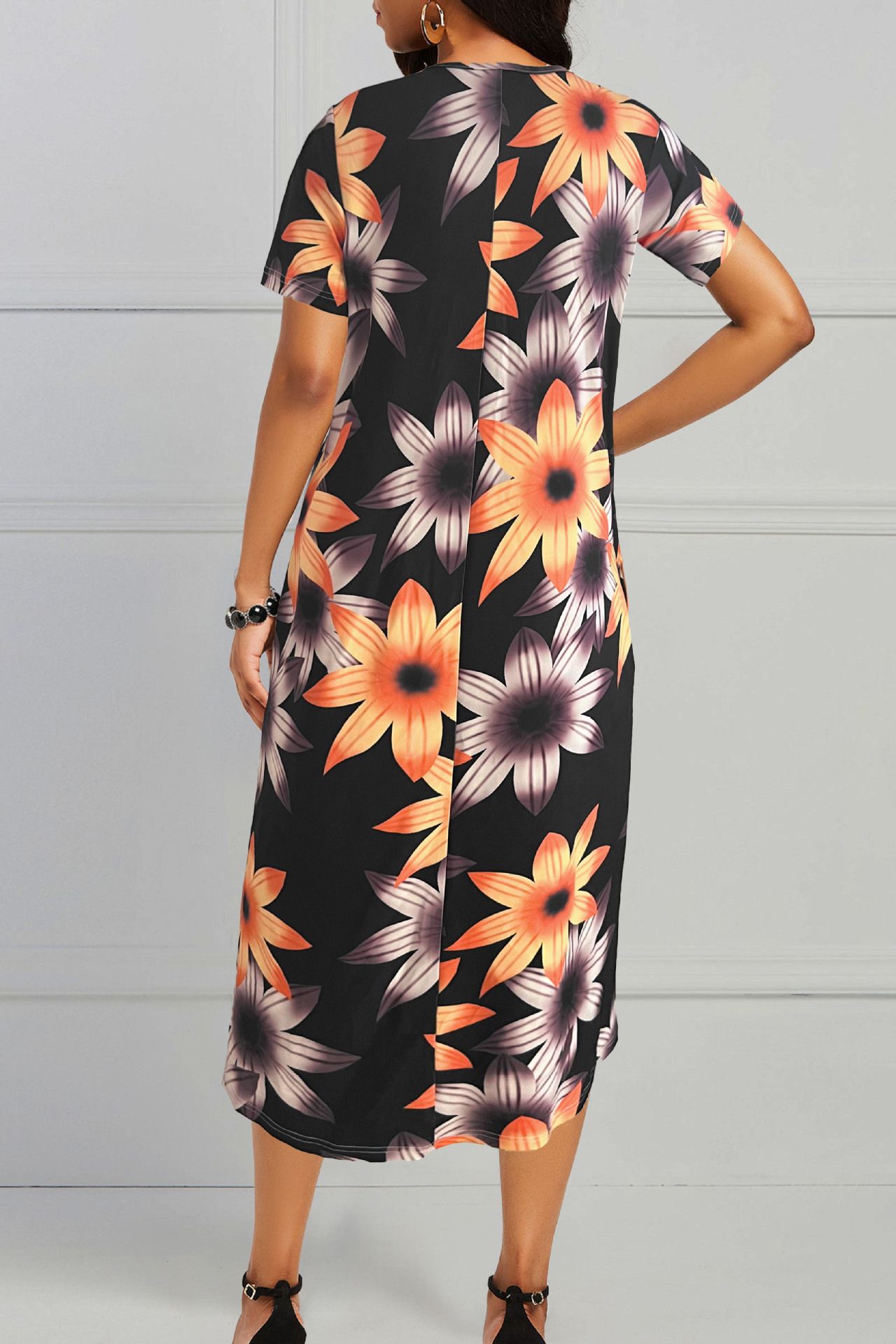 Plus Size Women's Elegant Big Swing Abaya Dress Spring Summer Short-Sleeved With Printed Neck for Women Short Sleeve Floral Printed Midi Dress