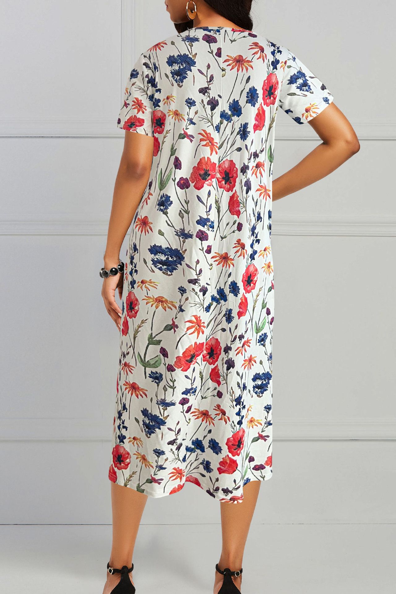 Plus Size Women's Elegant Big Swing Abaya Dress Spring Summer Short-Sleeved With Printed Neck for Women Short Sleeve Floral Printed Midi Dress