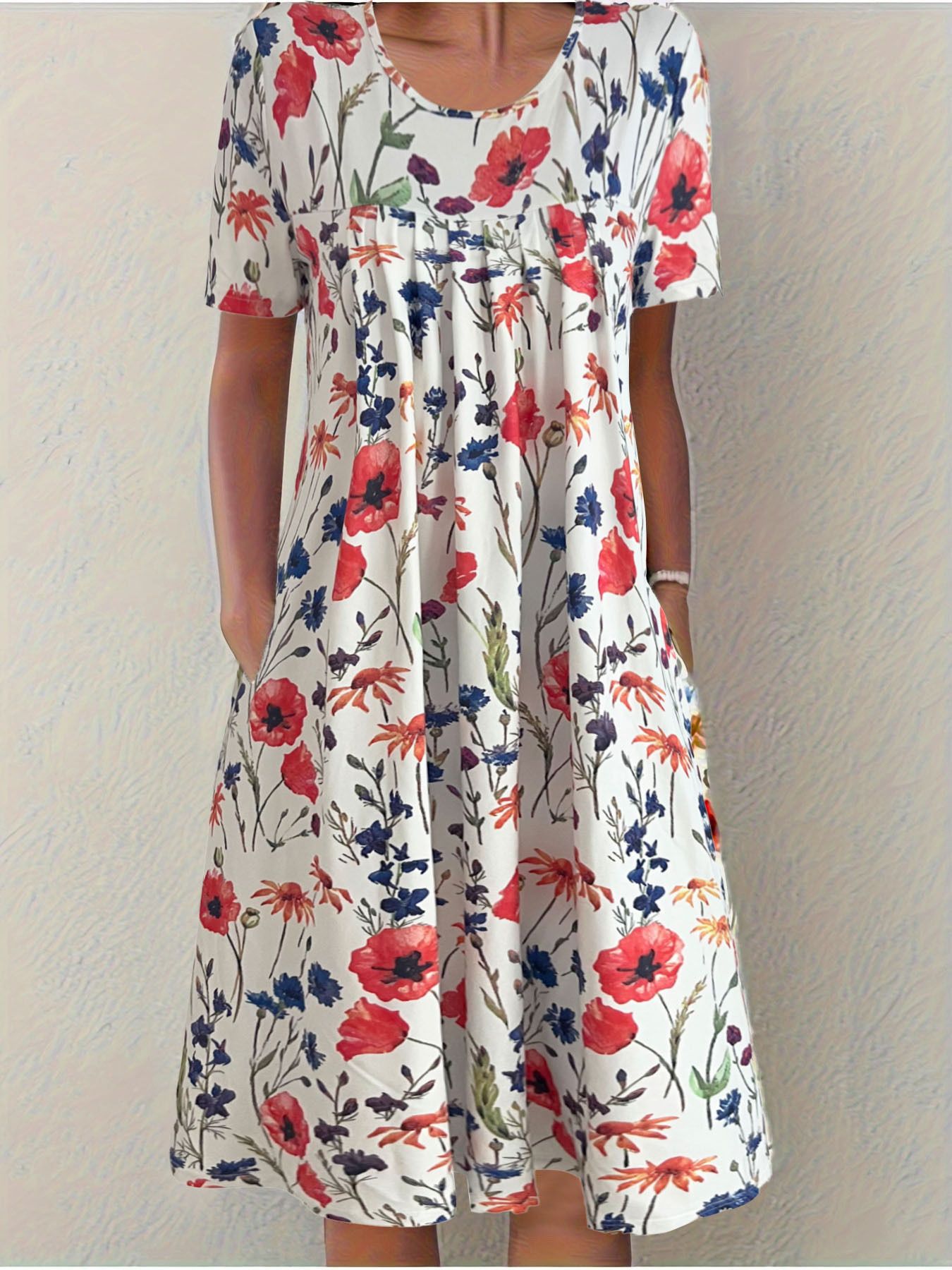 Plus Size Women's Elegant Big Swing Abaya Dress Spring Summer Short-Sleeved With Printed Neck for Women Short Sleeve Floral Printed Midi Dress