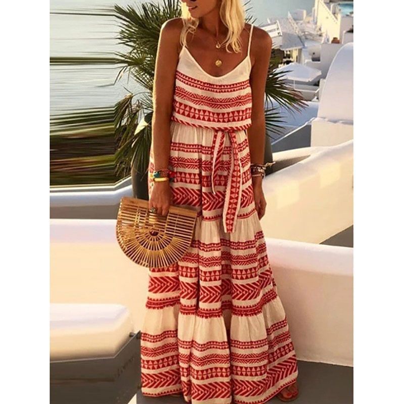 Woman Casual Beach Plus Size v Neck Spaghetti Strap Bohemian Style Dress Summer Boho Beach Dress for Women Long Beachwear Cover-Up Midi Length Sweet Style Dresses
