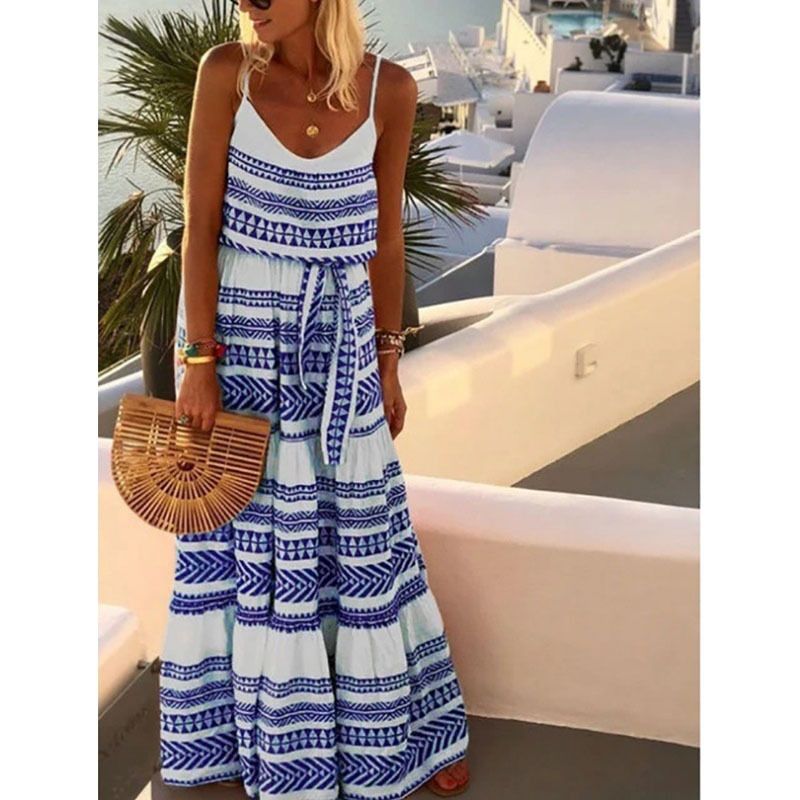 Woman Casual Beach Plus Size v Neck Spaghetti Strap Bohemian Style Dress Summer Boho Beach Dress for Women Long Beachwear Cover-Up Midi Length Sweet Style Dresses